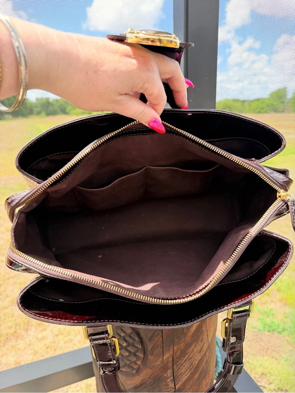Louis Vuitton Patent Vernis Deep Burgundy Satchel with Gold Hardware